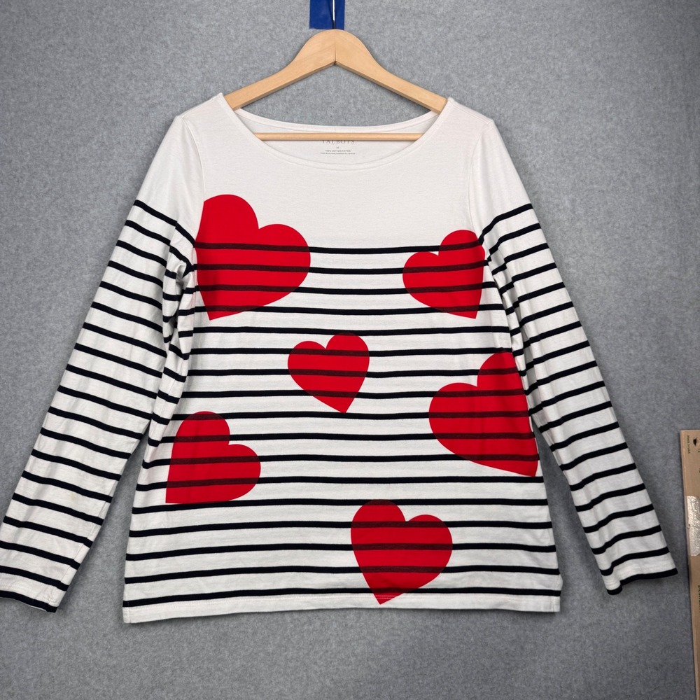Talbots T Shirt Womens Medium White Striped Heart Love 100% Cotton Valentines